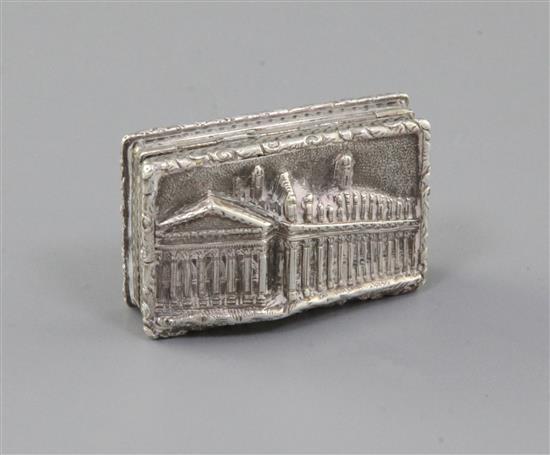 An early Victorian silver Castle Top vinaigrette by Nathaniel Mills, the lid depicting scene of the Royal Exchange, London, 42mm.
